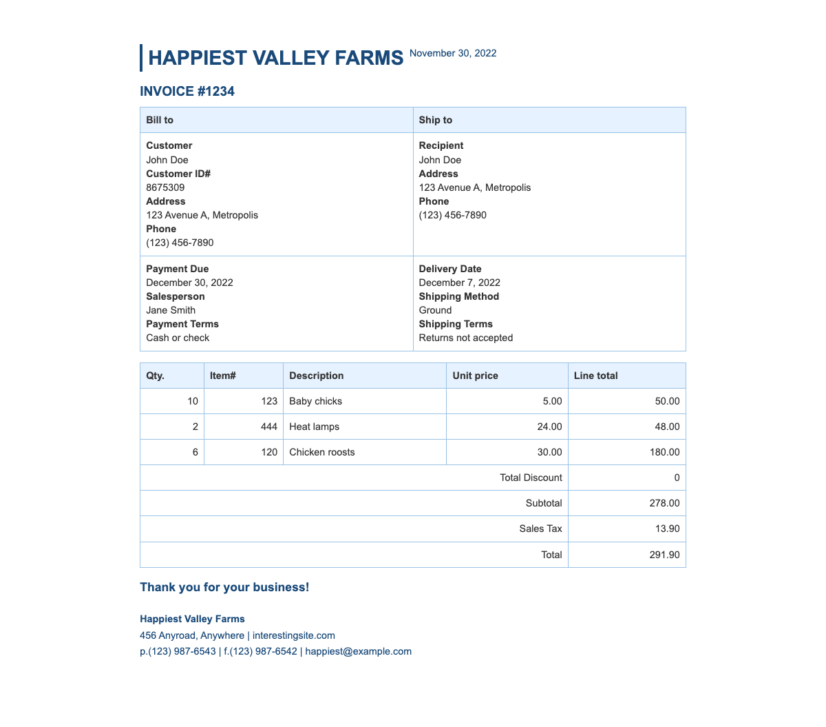 Business sales invoice - Clean, professional farm invoice template with itemized billing, customer details, and tax calculations.